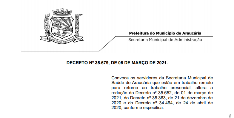 Servidores do grupo de risco são obrigados a trabalhar presencialmente em Araucária