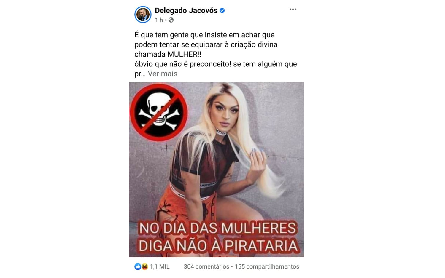 Delegado Jacovós faz post transfóbico no Dia da Mulher