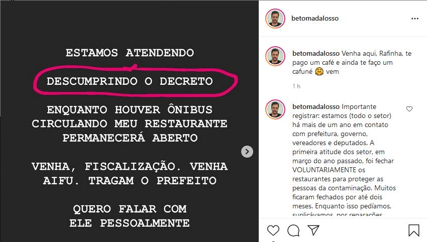 Restaurantes se revoltam contra decreto e abrem na bandeira vermelha