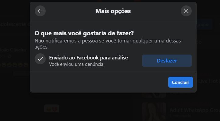 Print de uma tela do facebook