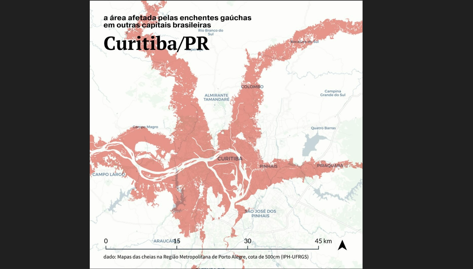 Para demonstrar proporção do desastre no RS, pesquisadores simulam área de enchentes em mapa de Curitiba